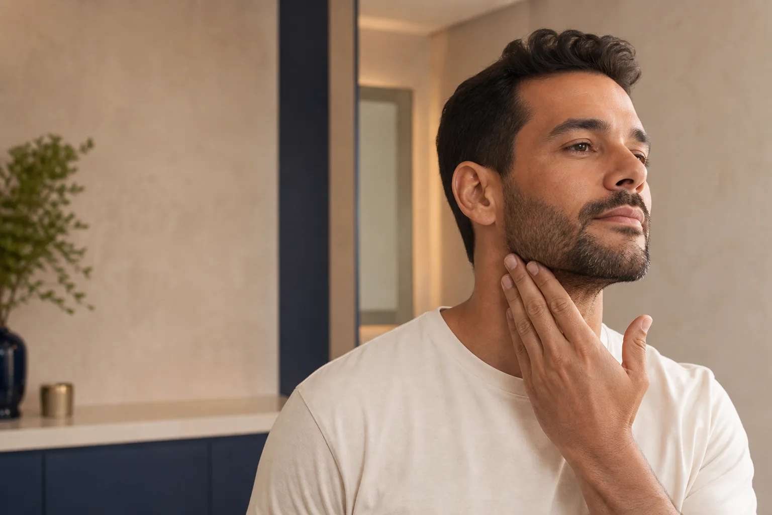 Homem observando o contorno da barba em um ambiente de estética reservado